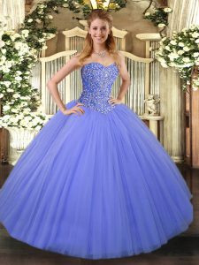 Blue Ball Gowns Beading Quinceanera Gowns Lace Up Tulle Sleeveless Floor Length