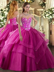 Stylish Tulle Sweetheart Sleeveless Lace Up Embroidery and Ruffled Layers 15 Quinceanera Dress in Fuchsia
