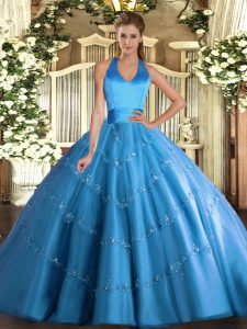 Halter Top Sleeveless Lace Up 15 Quinceanera Dress Baby Blue Tulle