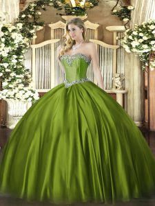 Floor Length Lace Up Sweet 16 Dresses Olive Green for Military Ball and Sweet 16 and Quinceanera with Beading