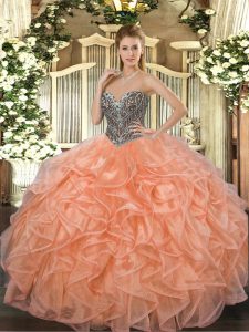 High Quality Orange Lace Up Sweetheart Beading and Ruffles Quinceanera Dresses Organza Sleeveless