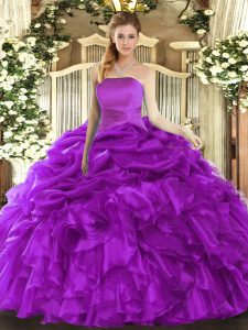 Fitting Sleeveless Floor Length Ruffles and Pick Ups Lace Up Sweet 16 Dresses with Purple