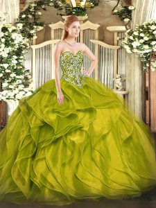 Olive Green Sleeveless Organza Lace Up Quinceanera Gowns for Military Ball and Sweet 16 and Quinceanera