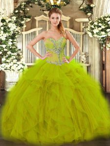 Stylish Sleeveless Floor Length Beading and Ruffles Lace Up Quinceanera Dresses with Olive Green