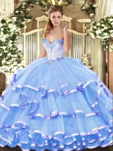 Low Price Blue Ball Gowns Organza Sweetheart Sleeveless Beading and Ruffled Layers Floor Length Lace Up 15 Quinceanera D