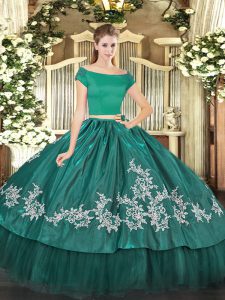 Organza and Taffeta Off The Shoulder Short Sleeves Zipper Embroidery Quinceanera Dresses in Teal