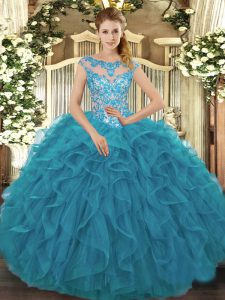 Sexy Teal Ball Gowns Scoop Cap Sleeves Organza Floor Length Lace Up Beading and Ruffles Quinceanera Dress