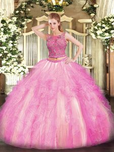 Delicate Rose Pink Two Pieces Tulle Scoop Sleeveless Beading and Ruffles Floor Length Lace Up Vestidos de Quinceanera