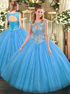 Modern Baby Blue Tulle Lace Up Scoop Sleeveless Floor Length 15 Quinceanera Dress Beading