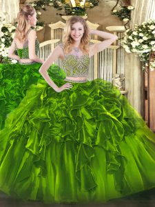 Olive Green Organza Lace Up Quinceanera Gown Sleeveless Floor Length Beading and Ruffles