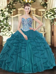 Flare Teal Tulle Lace Up Sweetheart Sleeveless Floor Length Quince Ball Gowns Beading and Ruffles