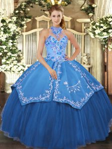 Fashion Teal Sleeveless Satin and Tulle Lace Up Quinceanera Gowns for Military Ball and Sweet 16