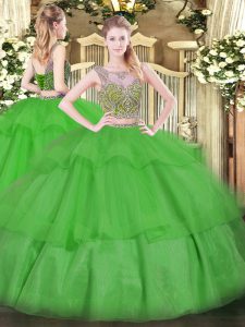 Graceful Green Sleeveless Beading and Ruffled Layers Floor Length Sweet 16 Dress