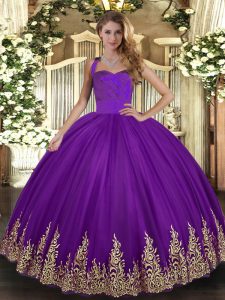 Fitting Purple Ball Gowns Appliques Sweet 16 Quinceanera Dress Lace Up Tulle Sleeveless Floor Length