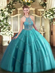 Teal Halter Top Lace Up Beading and Appliques Quinceanera Dress Sleeveless