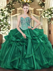 Dark Green Sleeveless Floor Length Beading and Ruffles Lace Up Quince Ball Gowns