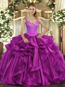 Most Popular Sleeveless Floor Length Beading and Ruffles Lace Up Sweet 16 Dress with Fuchsia