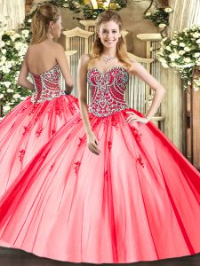 Graceful Coral Red Sleeveless Tulle Lace Up 15 Quinceanera Dress for Military Ball and Sweet 16 and Quinceanera