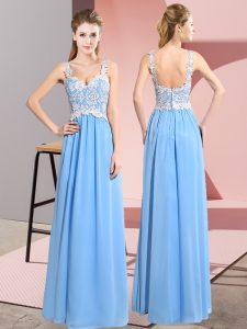 Free and Easy Aqua Blue Empire Chiffon V-neck Sleeveless Lace Floor Length Zipper Prom Party Dress