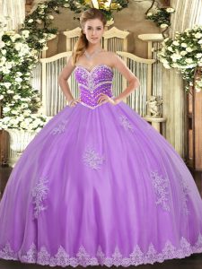 Lavender Tulle Lace Up Sweet 16 Quinceanera Dress Sleeveless Floor Length Beading and Appliques