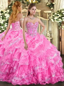 Designer Rose Pink Sleeveless Organza Lace Up Sweet 16 Dresses for Military Ball and Sweet 16 and Quinceanera