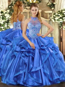 Sleeveless Beading and Embroidery and Ruffles Lace Up Sweet 16 Dress with Blue