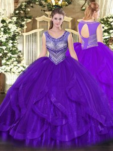 Sleeveless Organza Floor Length Lace Up Vestidos de Quinceanera in Eggplant Purple with Beading and Ruffles