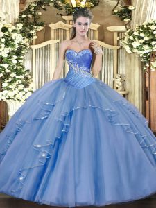 Clearance Aqua Blue Tulle Lace Up Quinceanera Gown Sleeveless Floor Length Beading and Ruffles