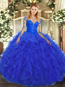 Fancy Royal Blue Long Sleeves Tulle Lace Up Vestidos de Quinceanera for Military Ball and Sweet 16 and Quinceanera