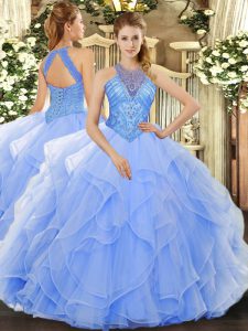 Organza High-neck Sleeveless Lace Up Beading and Ruffles Quinceanera Gowns in Light Blue