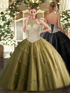 High Quality Brown Ball Gowns Halter Top Sleeveless Tulle Floor Length Lace Up Beading and Appliques Ball Gown Prom Dres
