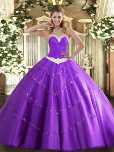 Artistic Lavender Ball Gowns Tulle Sweetheart Sleeveless Appliques Floor Length Lace Up Quinceanera Dress