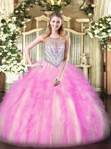 Admirable Scoop Sleeveless Quinceanera Dress Floor Length Beading and Ruffles Lilac Tulle