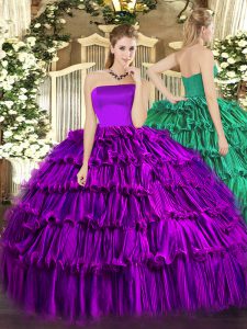 Purple Organza Zipper Strapless Sleeveless Floor Length Sweet 16 Quinceanera Dress Ruffled Layers