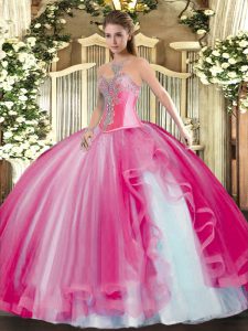 Hot Selling Hot Pink Tulle Lace Up Quinceanera Gown Sleeveless Floor Length Beading and Ruffles
