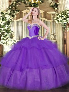Sweetheart Sleeveless Quinceanera Gowns Floor Length Beading and Ruffled Layers Lavender Tulle