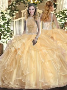 Floor Length Ball Gowns Sleeveless Champagne Quinceanera Dress Lace Up