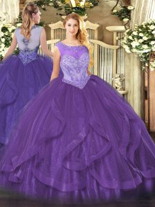 Eggplant Purple Scoop Lace Up Beading and Ruffles Quince Ball Gowns Sleeveless