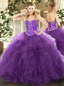 Eggplant Purple Sleeveless Tulle Lace Up Quinceanera Dress for Military Ball and Sweet 16 and Quinceanera