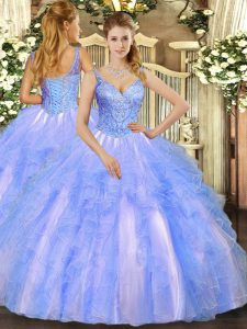 Exquisite Sleeveless Tulle Floor Length Lace Up Quinceanera Gown in Blue with Beading and Ruffles