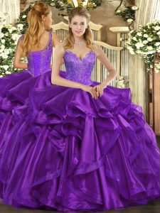 Straps Sleeveless Organza Quinceanera Gown Beading and Ruffles Lace Up