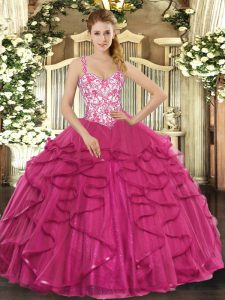 Edgy Hot Pink Sleeveless Beading and Appliques and Ruffles Floor Length Sweet 16 Dresses
