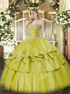 Sleeveless Organza and Taffeta Floor Length Lace Up Quinceanera Gown in Yellow with Beading and Ruffled Layers
