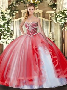 Luxury Coral Red Sleeveless Tulle Lace Up Quinceanera Gown for Military Ball and Sweet 16 and Quinceanera