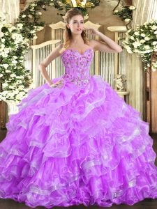 Embroidery and Ruffled Layers Quince Ball Gowns Lilac Lace Up Sleeveless Floor Length