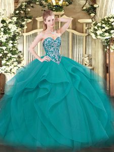 Dynamic Ball Gowns 15th Birthday Dress Teal Sweetheart Tulle Sleeveless Floor Length Lace Up