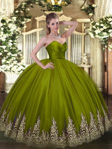 Exquisite Olive Green Ball Gown Prom Dress Military Ball and Sweet 16 and Quinceanera with Appliques Sweetheart Sleevele