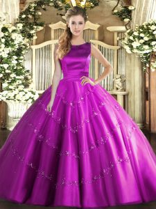 Floor Length Fuchsia Quince Ball Gowns Scoop Sleeveless Lace Up