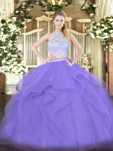 Lavender Two Pieces Lace and Ruffles Quinceanera Dress Zipper Tulle Sleeveless Floor Length