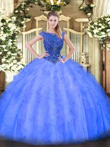 Chic Tulle Scoop Sleeveless Zipper Beading and Ruffles Quinceanera Gowns in Blue